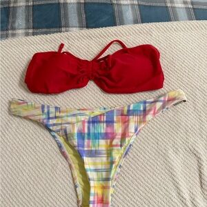 Women’s Red Bandeau Bikini Top with Multicolor Plaid Bottom